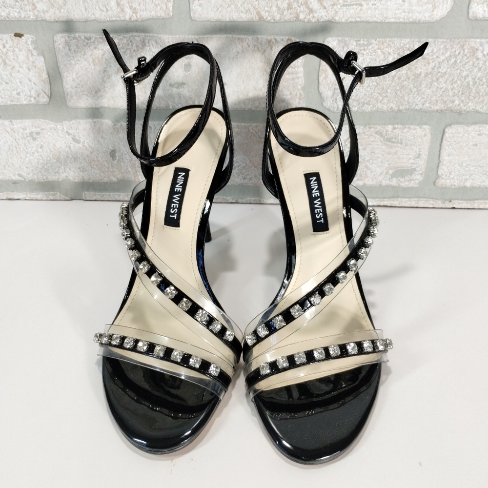 Nine West Ismene Heels Women's Size 7 Black Strappy Embellished Open Toe NEW